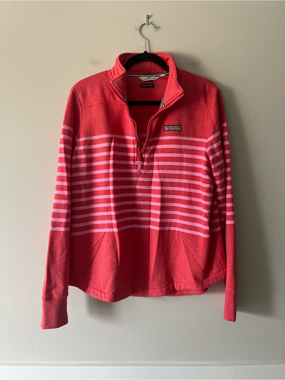 Vineyard Vines Shep Shirt Pullover Coral Pink Striped Quarter Zip Large